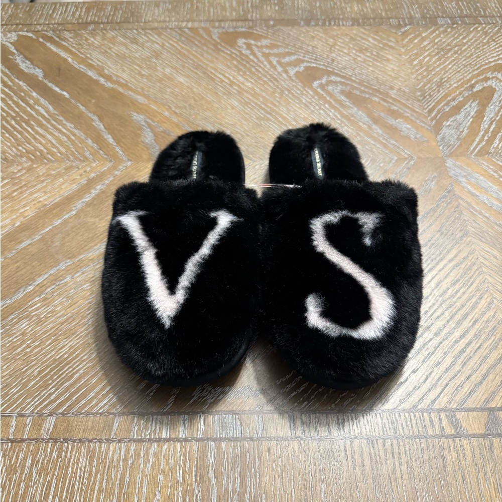 Cozy Black Fuzzy Slippers with VS Letters